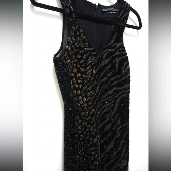 AllSaints Shia Embellished Beaded Zebra Sleeveless V-Neck Mini Dress 6